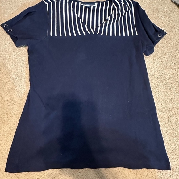 Karen Scott Navy Blue Striped Blouse Tee Medium - Picture 1 of 3
